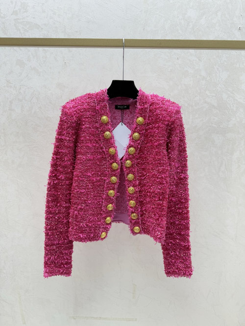 Balmain Solid Color Jacquard V-Neck Long-Sleeve Knit Cardigan in Pink