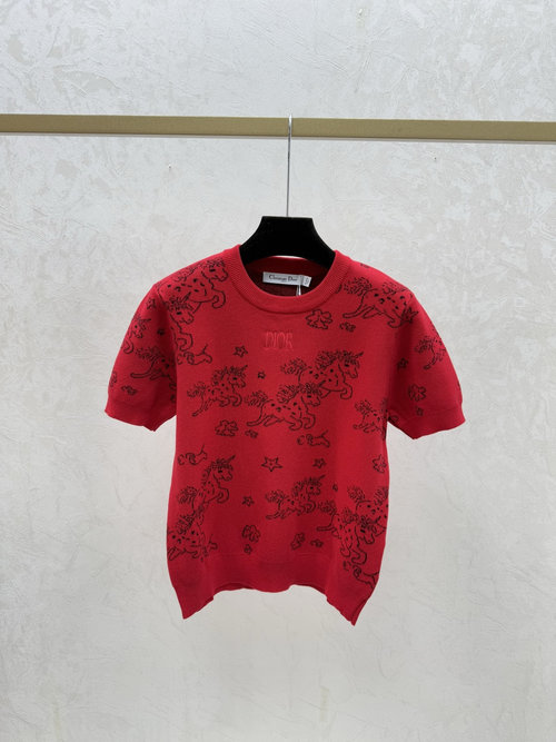 Chanel Red Color-blocked Pony Round-neck Knitted Short Sleeve