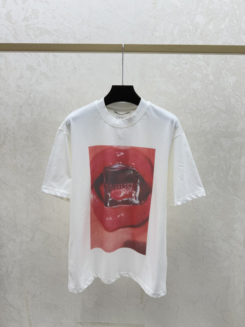 Alexander Wang Chic White Knitted Short Sleeve Top with Contrast Lips and Round Neckline