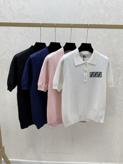 Fendi Color Block Letter Collar Knitted Short Sleeve in Multiple Colors