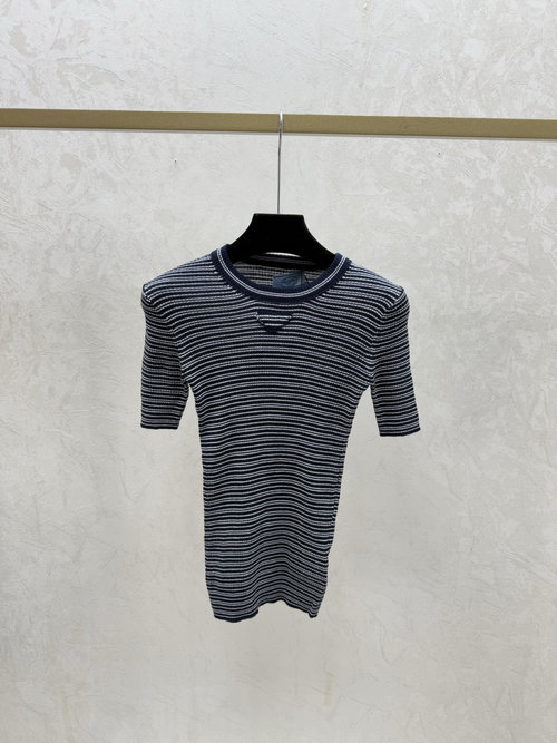 Prada Royal Blue Color Block Striped Round Neck Knitted Short Sleeve