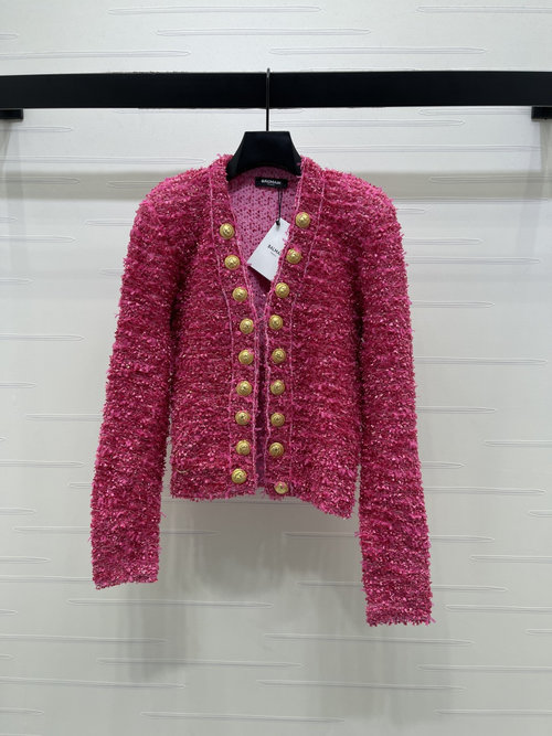 Balmain Rose Tweed Coat with Gold Buttons, Stylish for All Occasions
