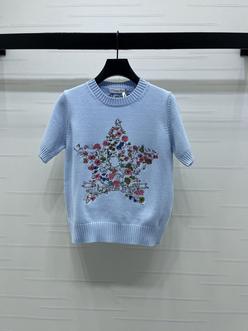 Dior Star Embroidered Knit Short-Sleeve with Brand Ribbon