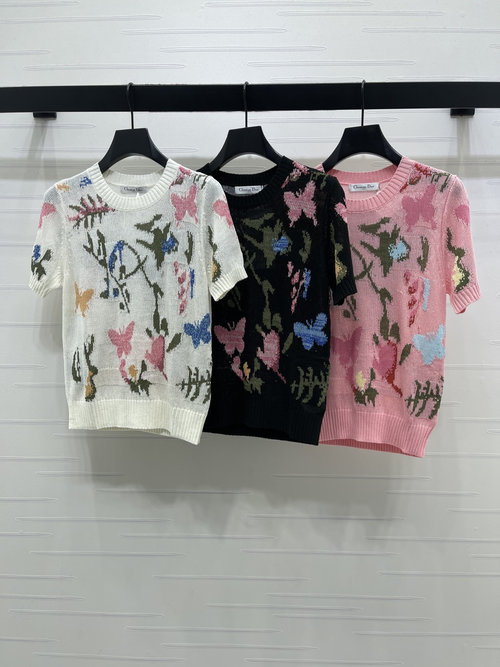 Dior Imported Mohair Knit Short Sleeve with Embroidered Butterflies