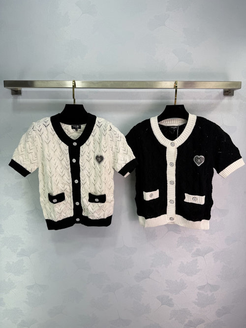 Chanel Chic Black & White Contrast Knit Cardigan with Heart Embroidery