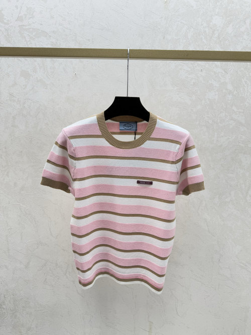 Prada Color Block Striped Round Neck Knit Short Sleeve