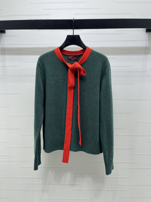 Gucci Stylish Color-block Tie-up Pullover Knitted Long Sleeve