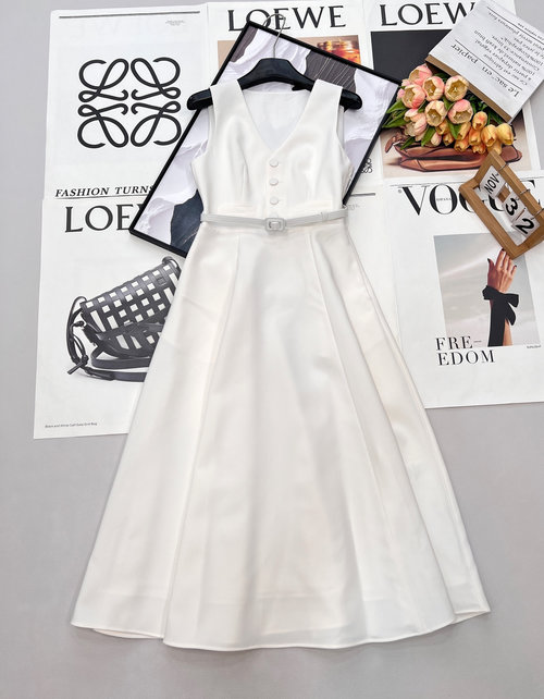 Dior V-Neck Waist-Belted Sleeveless Dress, Elegant and Versatile