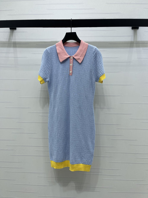 Fendi Jacquard Knit Collared Double F Logo Short-Sleeve Dress