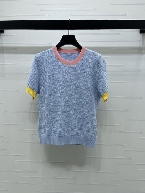 Fendi Color-Blocked Knit Short-Sleeve Top with Logo