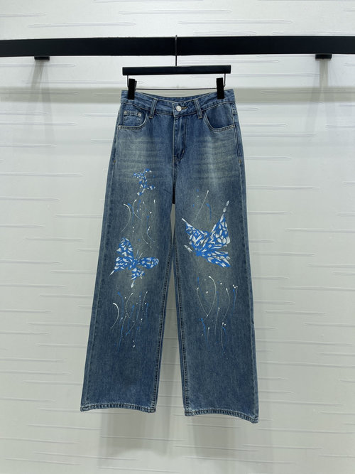 Chanel Early Spring Hand-Painted Butterfly High-Waist Straight Jeans