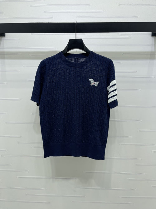 Thom Browne Round Neck Knitted Short Sleeve with Dog Embroidery