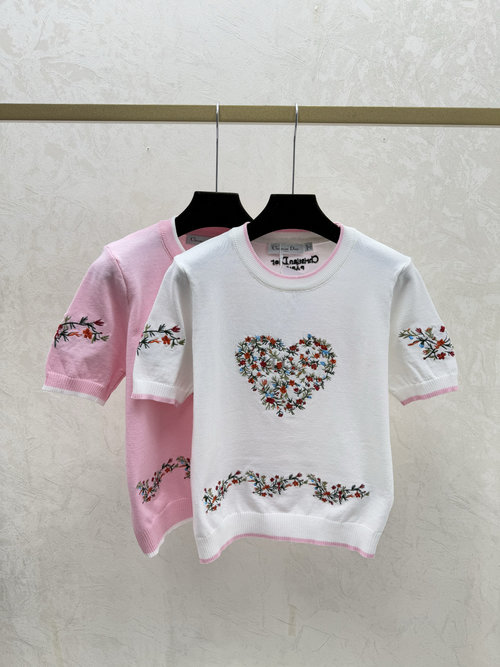 Dior Contrast Heart and Flower Round-neck Short-sleeved Knit