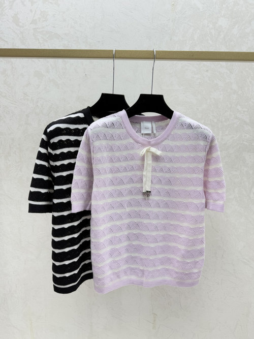 Dior Contrasting Stripe Hollow Round Neck Knit Short Sleeve