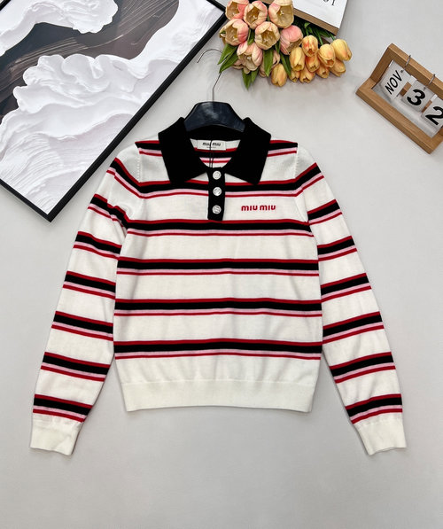 Miu Miu Color Block Striped Polo Knit Sweater, Vintage Charm