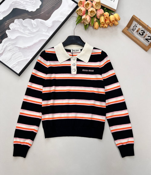 Miu Miu Retro Polo Collar Color-block Knit Sweater, Cozy