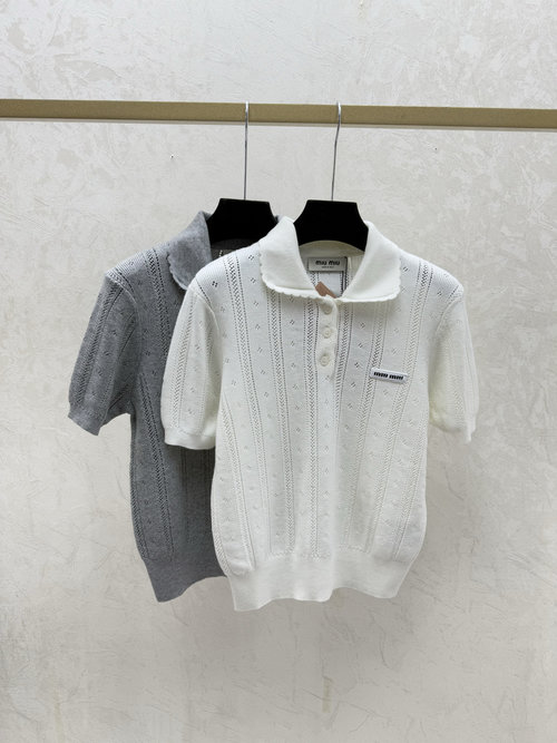 Miu Miu Solid Color V-Neck Hollow Knit Short Sleeve in White and Grey