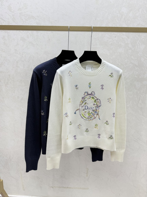 Dior Vintage Floral Contrast Round Neck Knit Long Sleeve Top