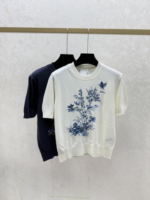 Dior Contrast Color Butterfly Floral Round Neck Knit Short Sleeve