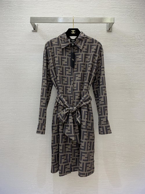 Fendi FF-Printed Side-Slit Shirt Dress with Belt