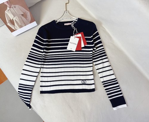 Valentino Gradient Stripe Embroidered Logo Wool Top, Soft and Elegant