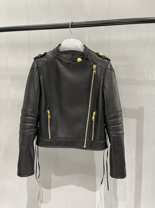 Balmain Balman-style Sheepskin Motorcycle Jacket with Gold Accents