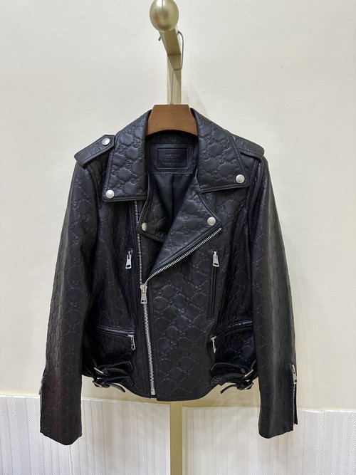 Gucci Embossed Leather Motorcycle Jacket with Logo Hardware