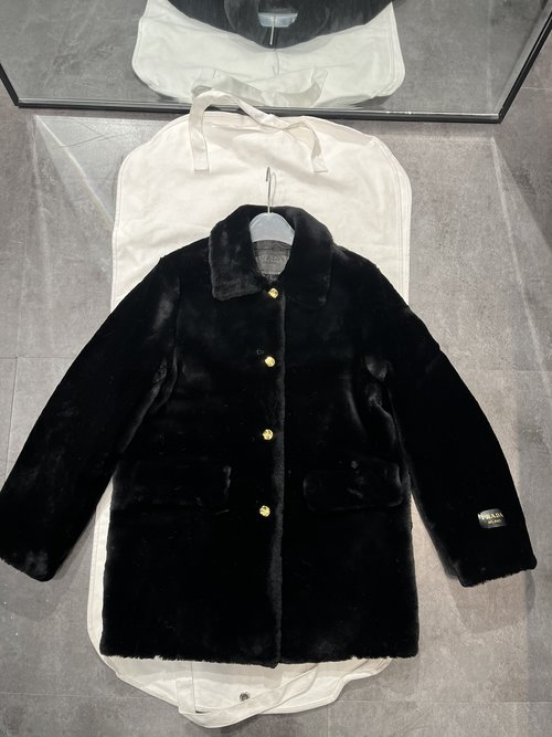 Prada Shearling Coat with Logo-Lined Fabric and Custom Solid Buttons