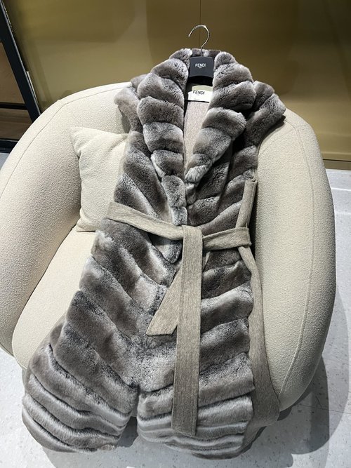 Fendi Chinchilla Cashmere Alternative Long Rabbit Fur Vest with V - Rows