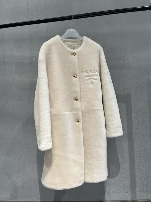Prada Shearling Coat with Custom Buttons and Exquisite Embroidery