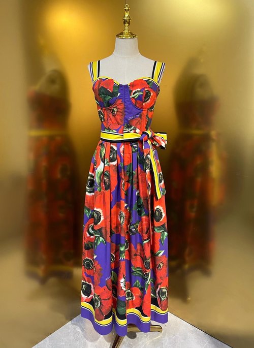 Dolce & Gabbana Purple Background Anemone Printed Cotton Waist-Contracted Sundress