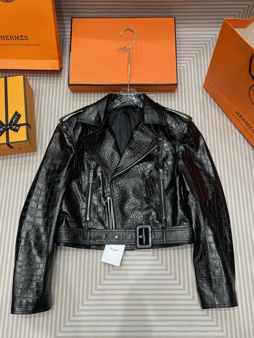 Balmain Crocodile-Patterned Sheepskin Motorcycle Jacket in Multiple Sizes