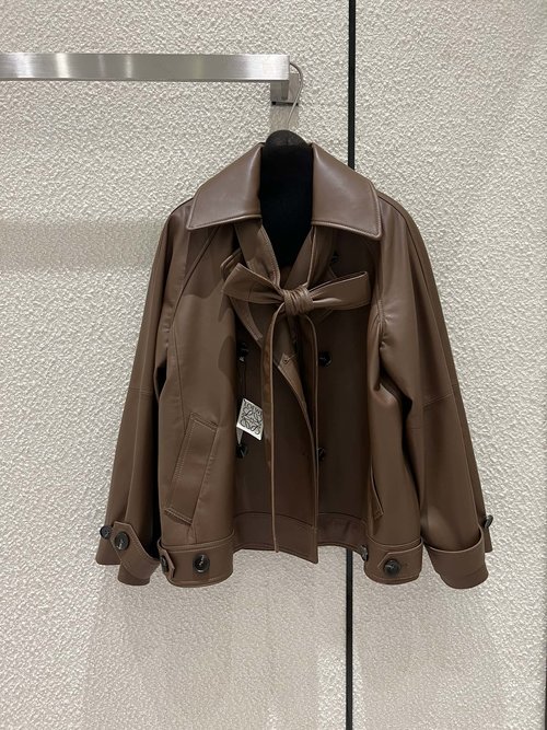 Loewe Chic and Elegant Lambskin Leather Coat with Bow Design, Fall Winter Collection