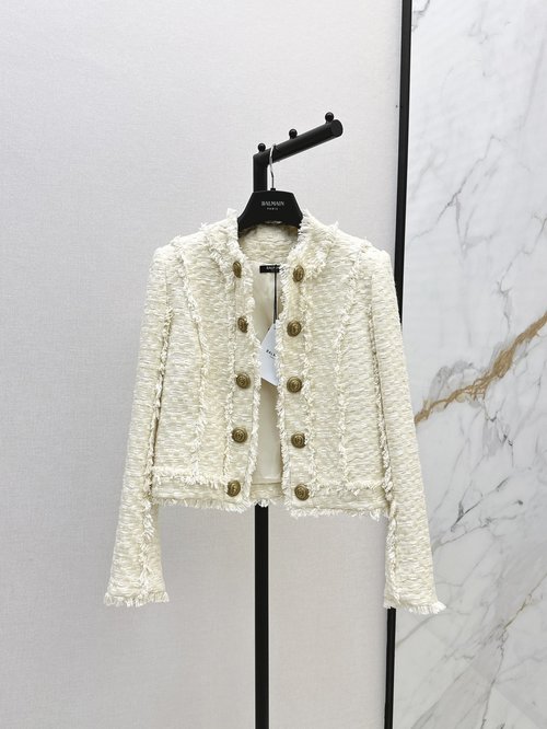 Balmain Double-breasted Tweed Coat with 3D Flower Buttons, Elegant Slimming