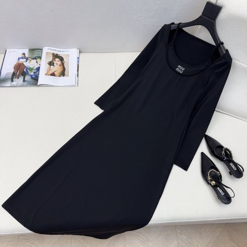 Miu Miu Fake Two-piece Long Dress with Logo Embroidery and Elastic Fabric