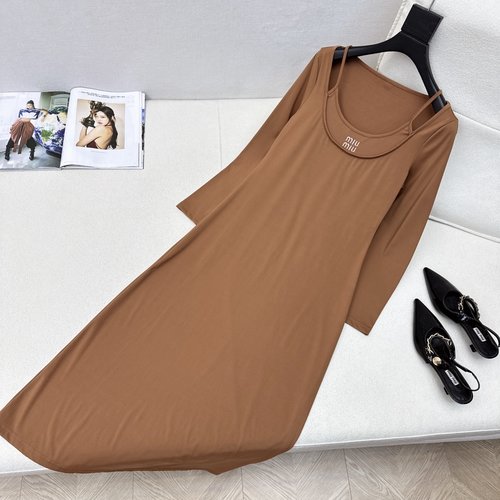 Miu Miu Fake Two-piece Long Dress with Logo Embroidery and Elastic Fabric