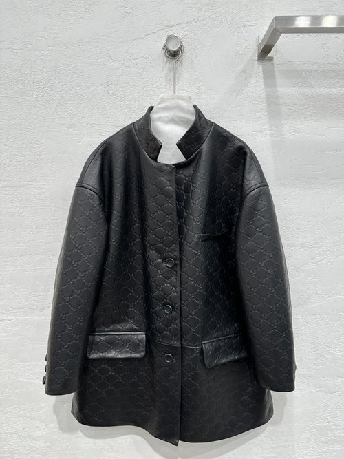 Gucci Imported Sheepskin Leather Jacket with Embroidered Logo and Slimming Design