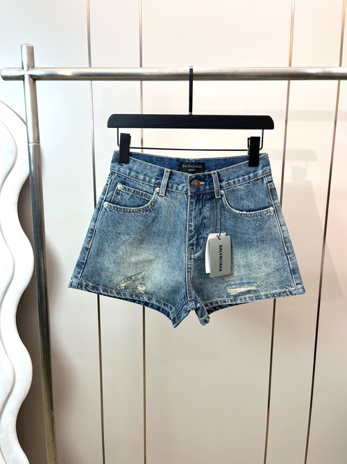 Balenciaga Oversized Denim Shorts with Heavy Wash and Unique Metal Buttons