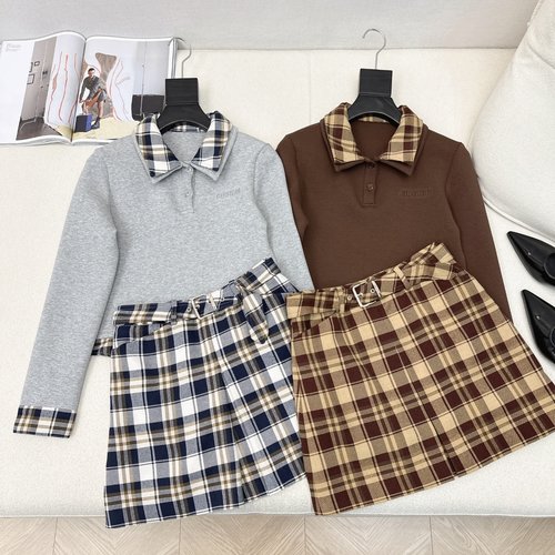 Miu Miu Korean - style Checked Sweatshirt & A - line Skirt with Logo