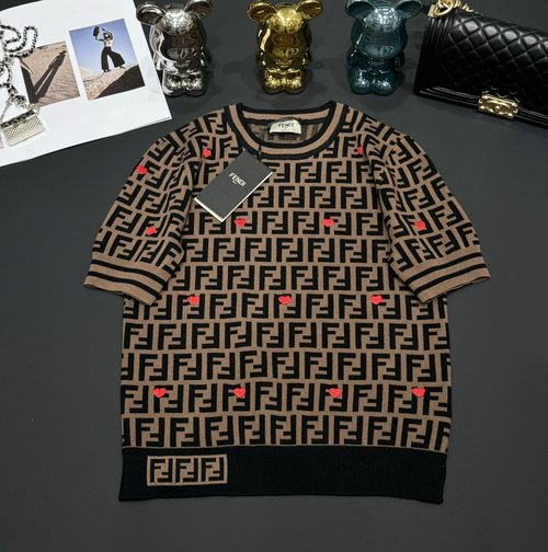 Fendi Classic Monogram Knit Logo Shirt with Embroidered Hearts