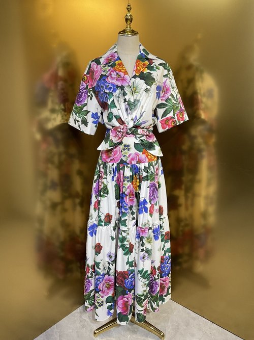 Dolce & Gabbana Cotton Short-Sleeve Shirt and Long Skirt with Violet Orchid Print