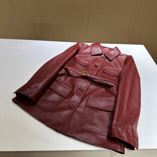 Gucci Authentic Leather Workwear with Embroidered Collar and Premium Accessories