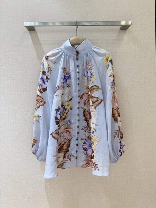 Zimmermann Blue Colorful Floral Shirt with Lantern Sleeves