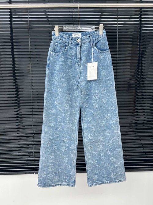 Chanel High-waisted Straight Camellia-printed Pants, Slimming