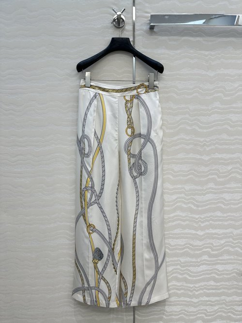 Hermes Silk Wide-Leg Trousers with Exquisite Pattern Printing and Comfortable Waist Elastic