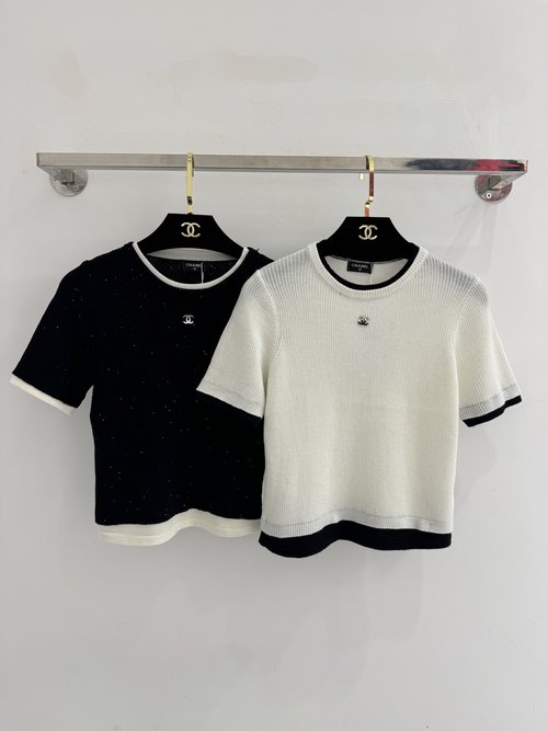 Chanel Black and White Short Sleeve Knit Top with Contrast Details