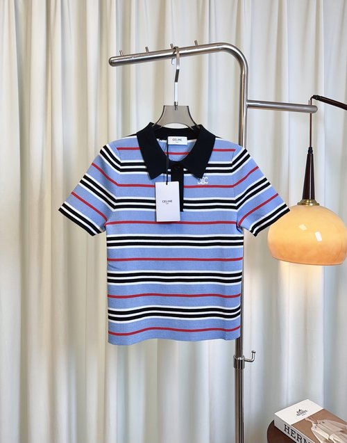 Celine Custom Knit Striped Silk-cotton Collared Color-blocked Top with Logo, Distinctive