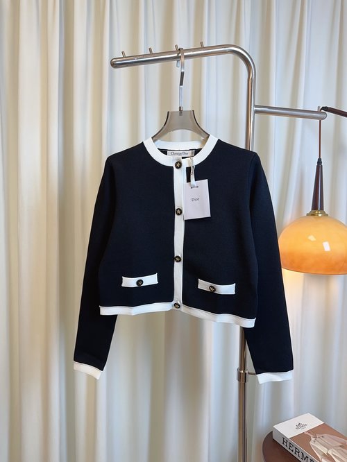 Dior Contrast Color Silk-Cotton Short Cardigan
