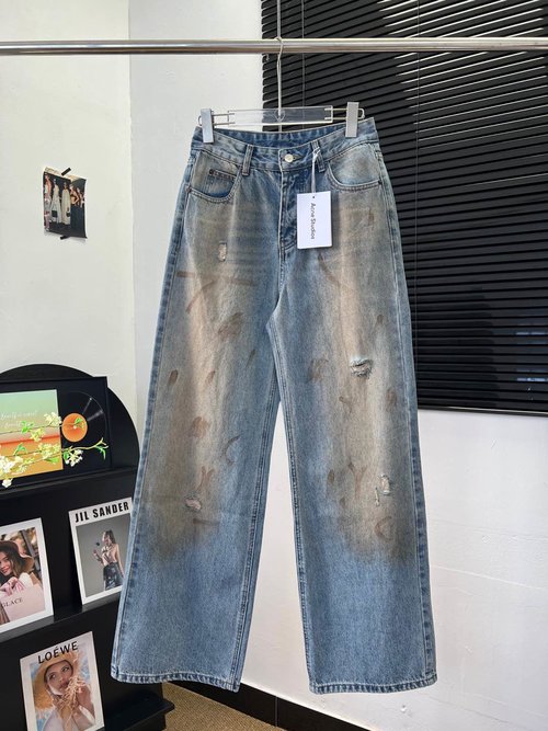 Acne Studios Vintage Dirty - Distressed Straight - Leg Long Trousers with Leather Back Pocket