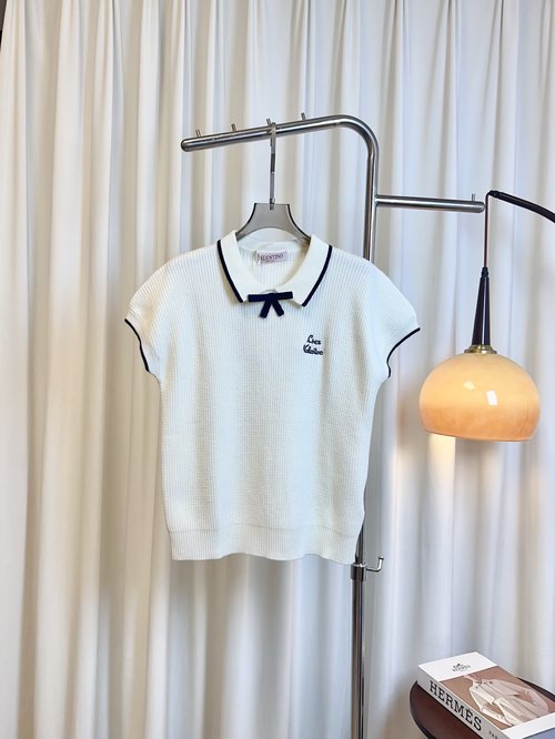 Valentino Bowknot Contrast Collar Wool Short-Sleeved Top with Embroidered Logo